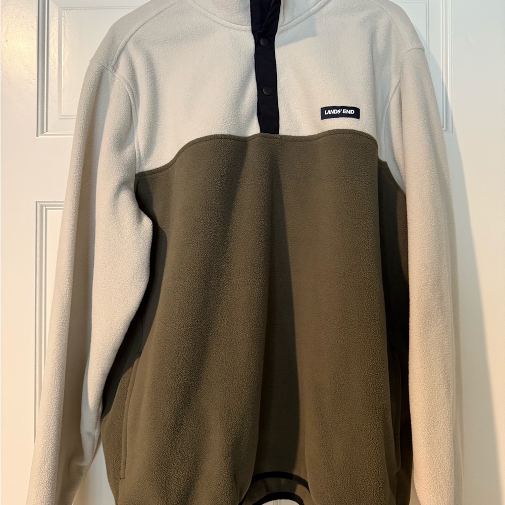 Lands' End Cream and Black Fleece Pullover